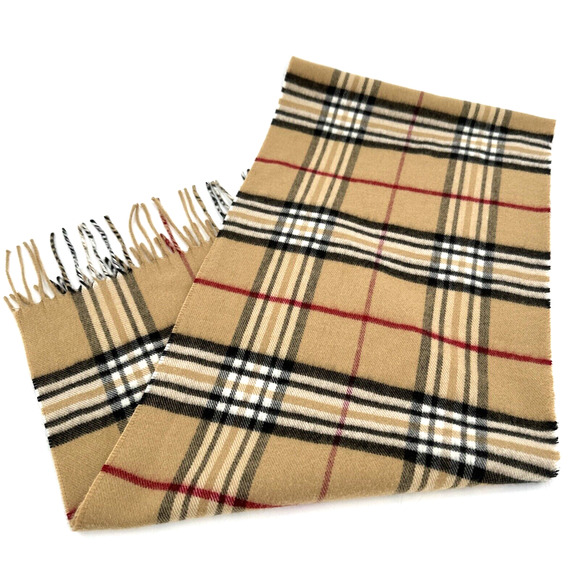 Womens Plaid Scarf Tan Black Red 53" x 11" Soft One Size Lightweight Fringe - Picture 1 of 12